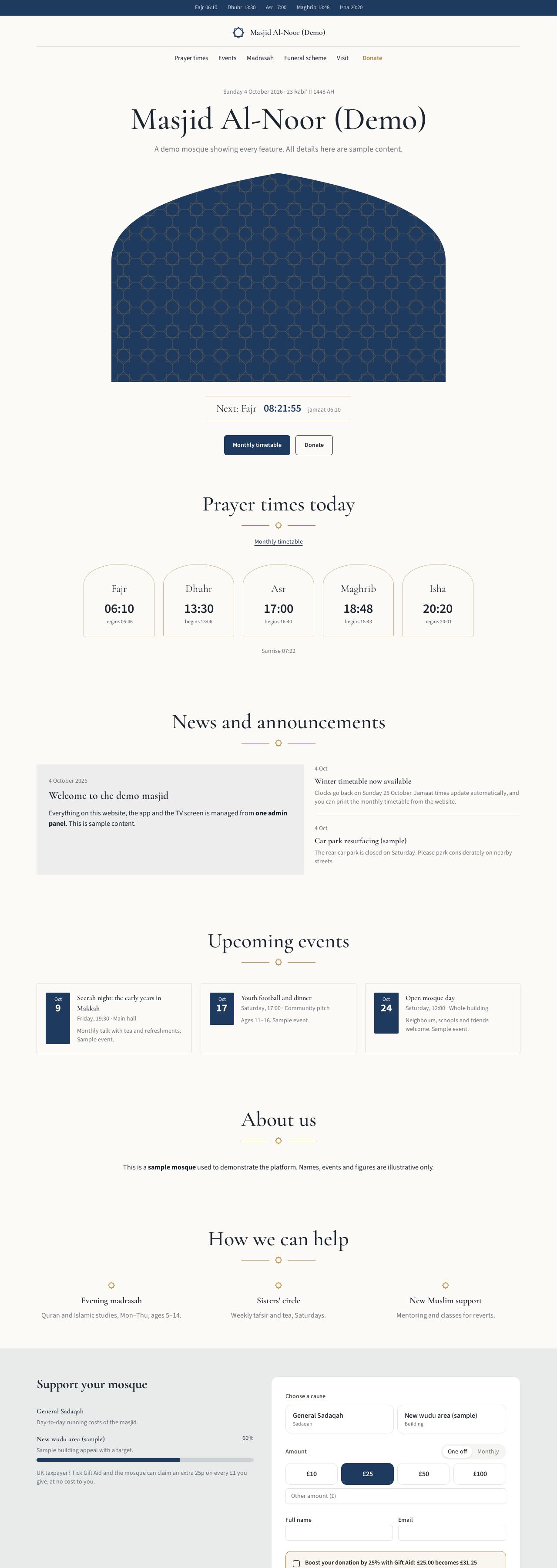 The Mihrab website template on our demo mosque
